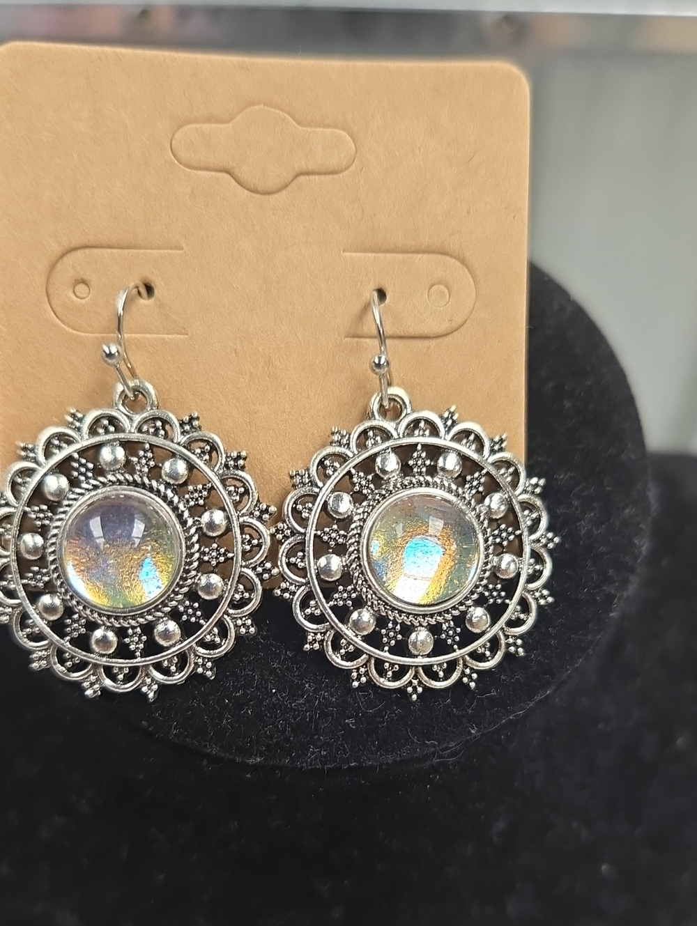 Silver Filigree Hoop Earrings with Iridescent Center